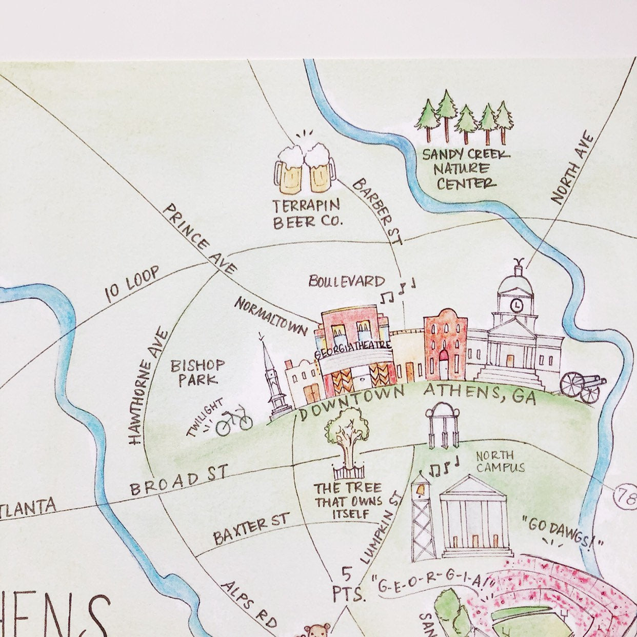 Athens, Georgia Watercolor Map Art Print